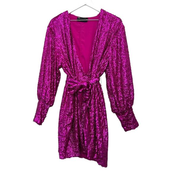 ASOS Edition Sequin Mini Wrap Dress Pink Women’s Size 12 - Picture 3 of 12